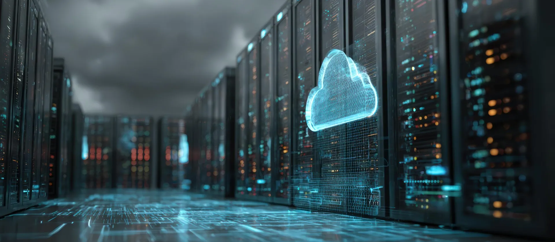 Cloud symbol in a high-tech data center with digitally visualized data flows—representing cloud-based data architectures, data lakes, and data pipelines.