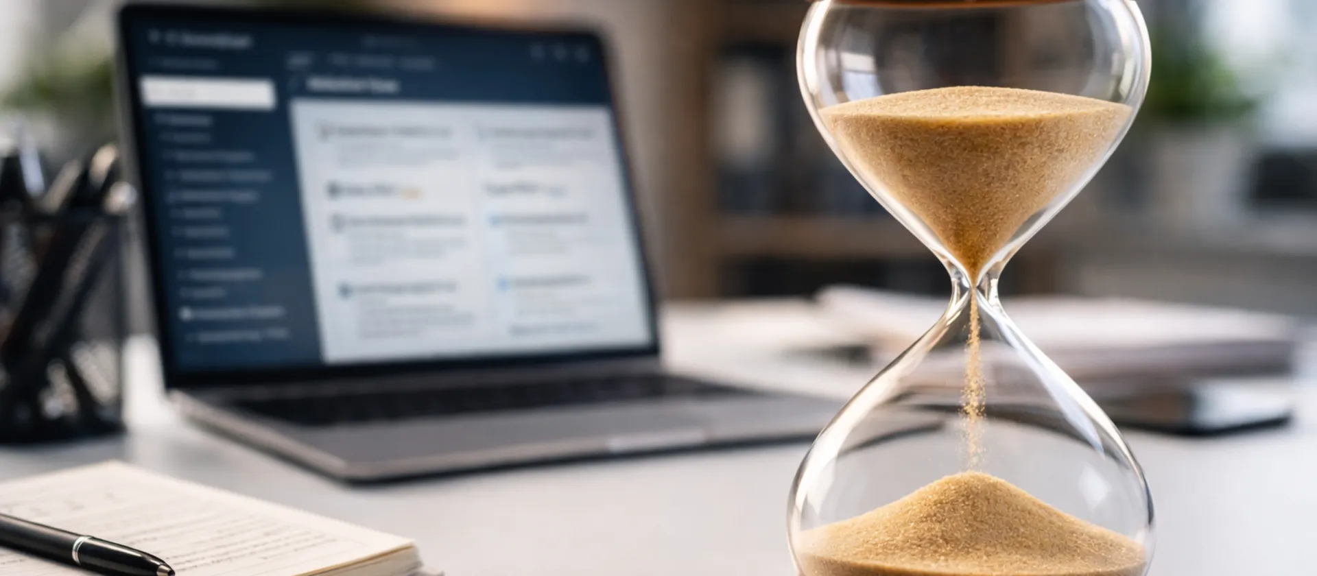 Nahaufnahme einer Sanduhr auf einem Schreibtisch mit unscharfem Laptop und Notizbuch im Hintergrund – Symbol für Zeitmanagement, Effizienz und ausgewogene Geschäftsprozesse.