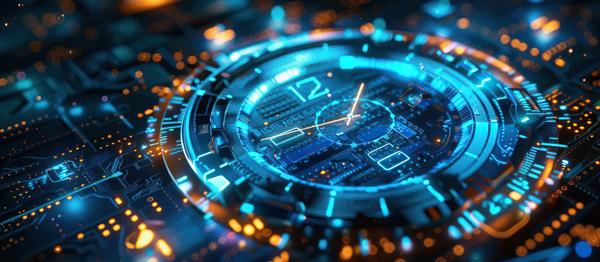 Futuristische digitale Uhr mit leuchtenden blauen und orangefarbenen Elementen auf einer abstrakten Leiterplatten-Oberfläche. Die Nahaufnahme zeigt ein technisch wirkendes Zifferblatt mit schwebenden Lichtpunkten und vermittelt Themen wie Zeitmanagement, Technologie und digitale Vernetzung.