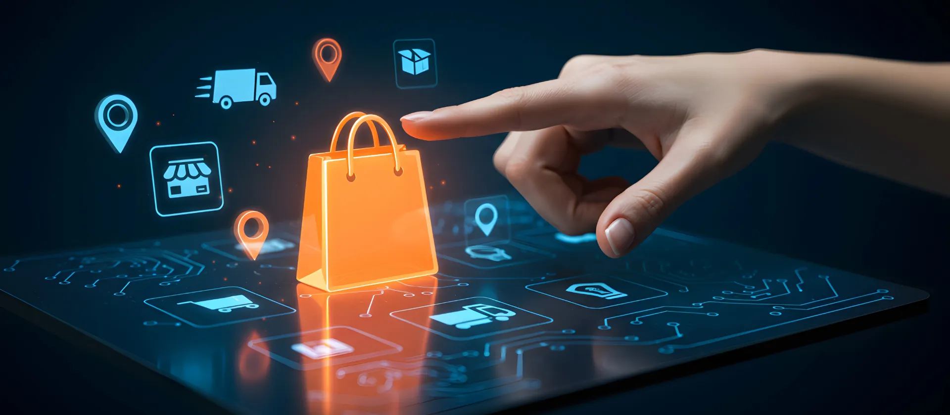 Futuristic Digital Retail: Hand Touching a Glowing Orange Shopping Bag on a Holographic Dashboard. 