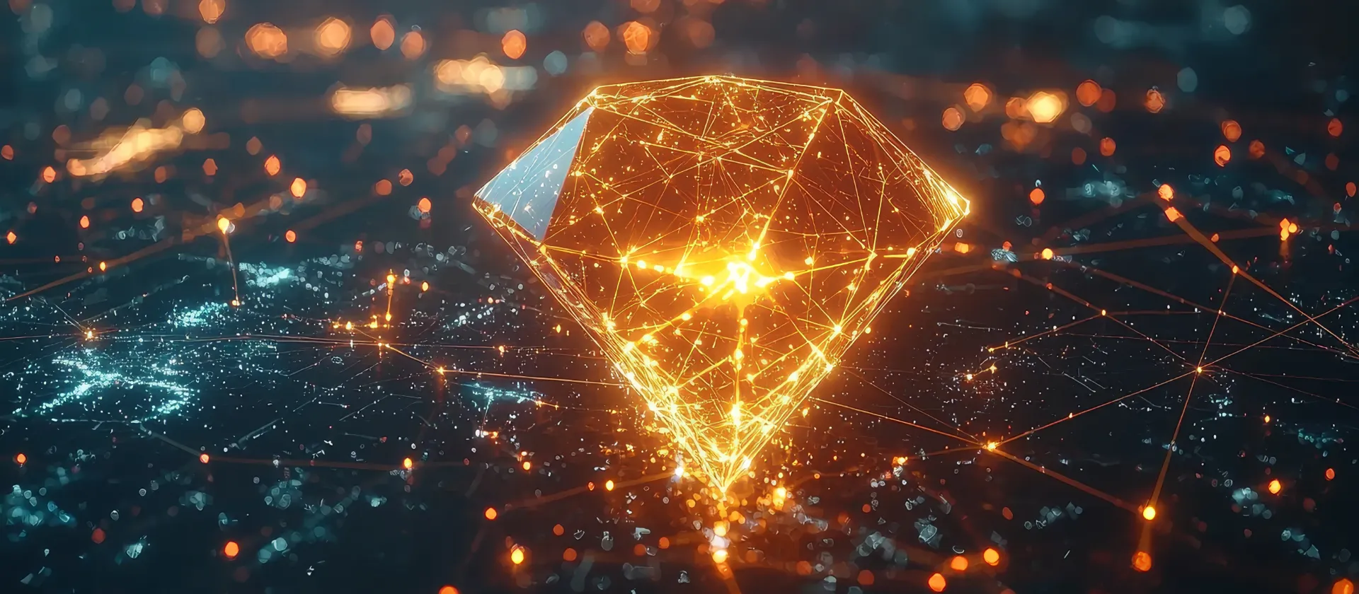 Leuchtender digitaler Diamant in einem vernetzten Datenumfeld als Symbol für digitale Innovation, Technologie und wertvolle Daten.