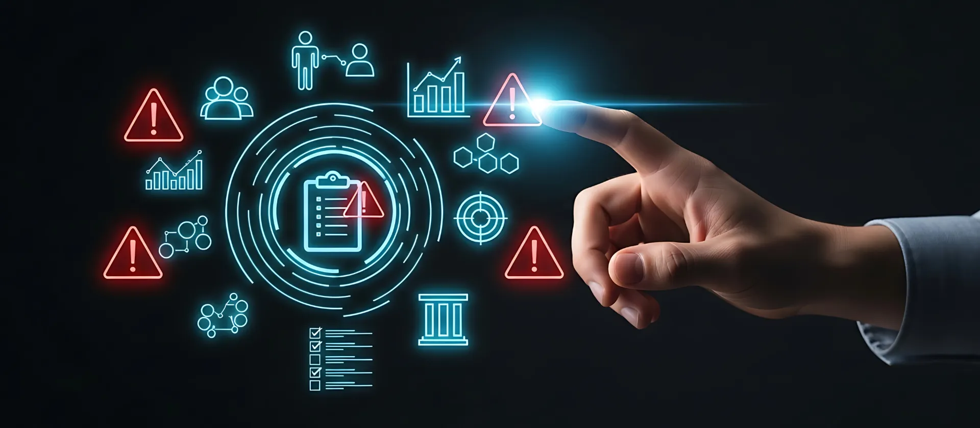 Hand selecting digital risk management alert; cybersecurity threat, data breach prevention, business compliance.