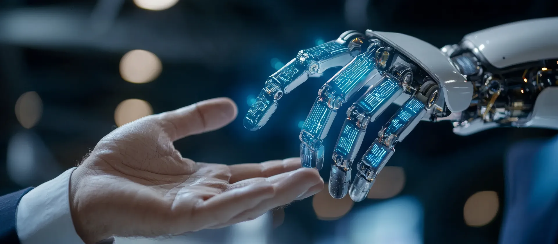 Nahaufnahme eines Beraters, der mit einem Kunden über Anwendungen von KI-Technologien spricht, mit Fokus auf geschäftliche Transformation.