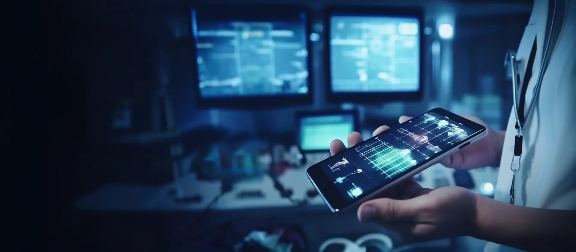 Datenanalyse auf Smartphone mit digitalen Dashboards im Hintergrund.