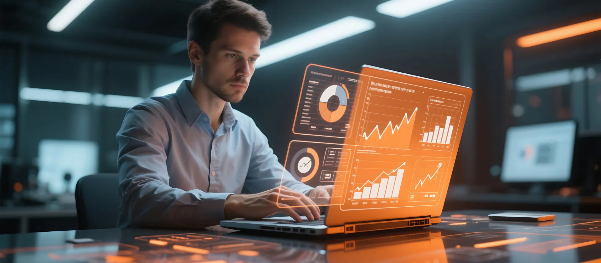 Man working on laptop with orange holographic charts in a futuristic office environment setting