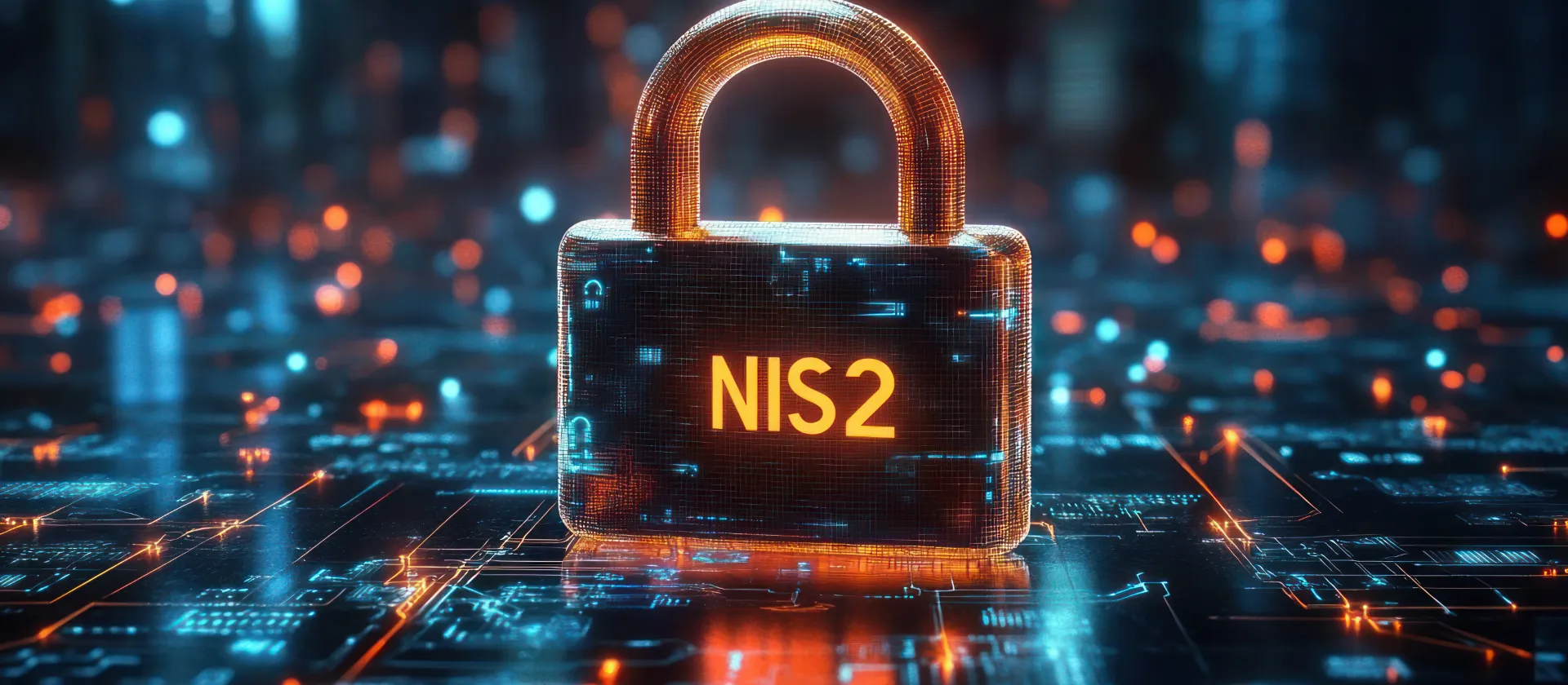 Leuchtendes digitales Vorhängeschloss mit der Aufschrift „NIS2“ vor einem futuristischen, blau-orange beleuchteten Cybersecurity-Hintergrund mit vernetzten Datenpunkten.