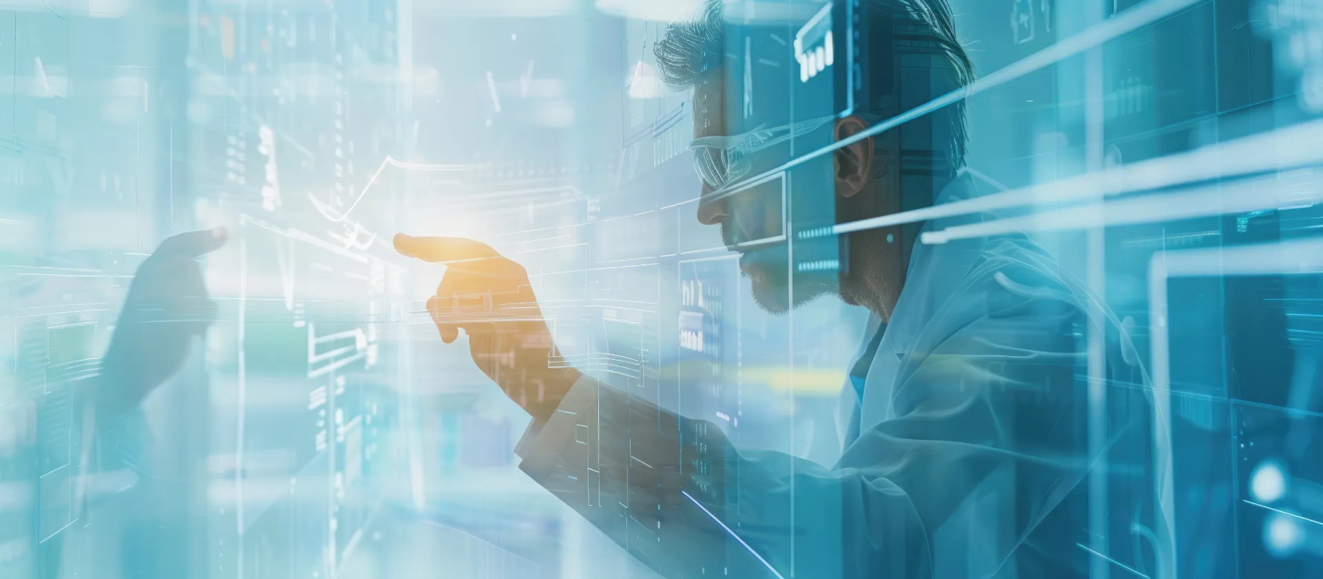 Wissenschaftler bedient eine futuristische, transparente Datenoberfläche.