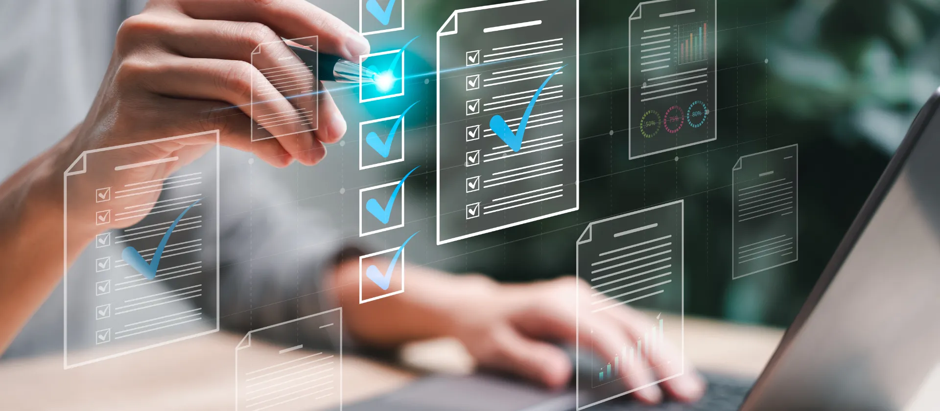 Digital checklists and documents with completed checkmarks displayed above a laptop, representing compliance, validation, risk management and information security in regulated industries.