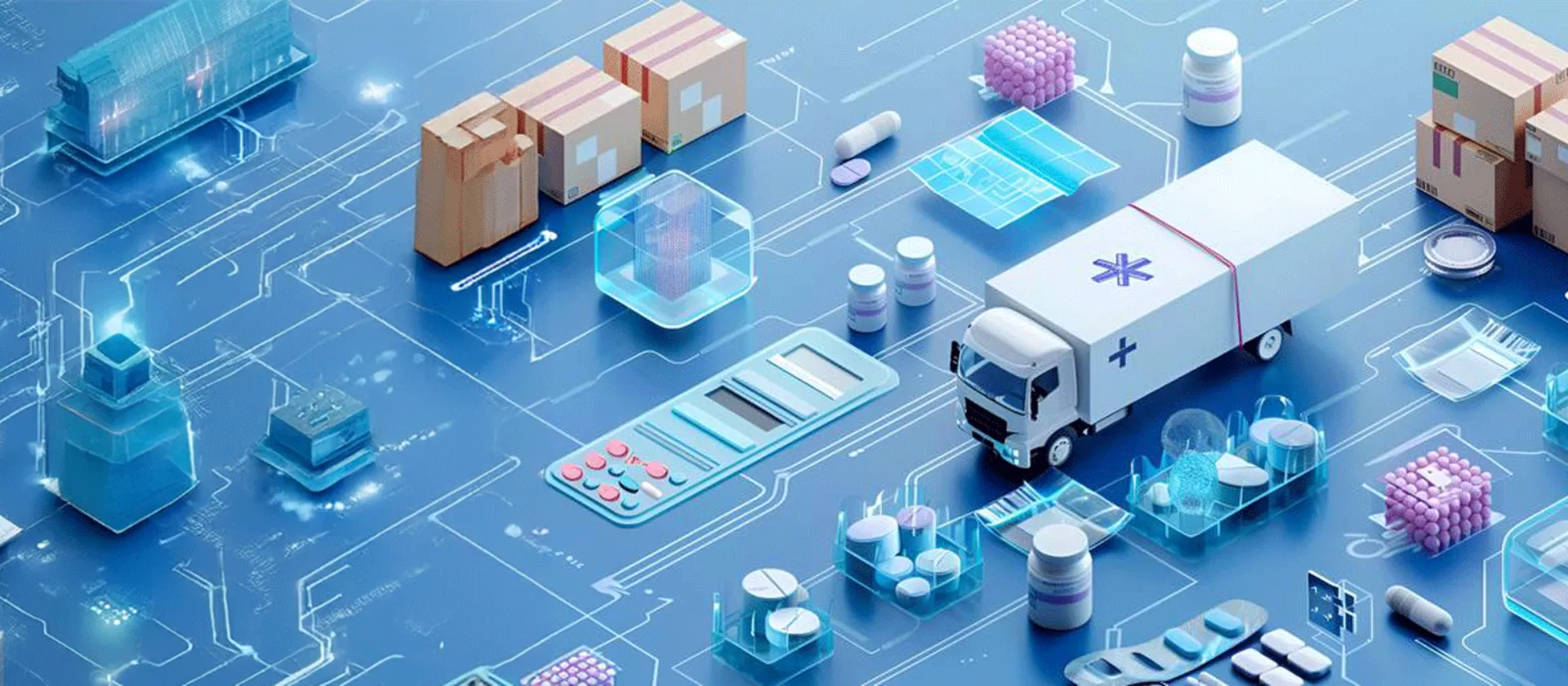 Illustration of a digital healthcare supply chain system featuring medicines, pill blisters, lab samples, packages, and a white delivery truck on a blue tech-style background.