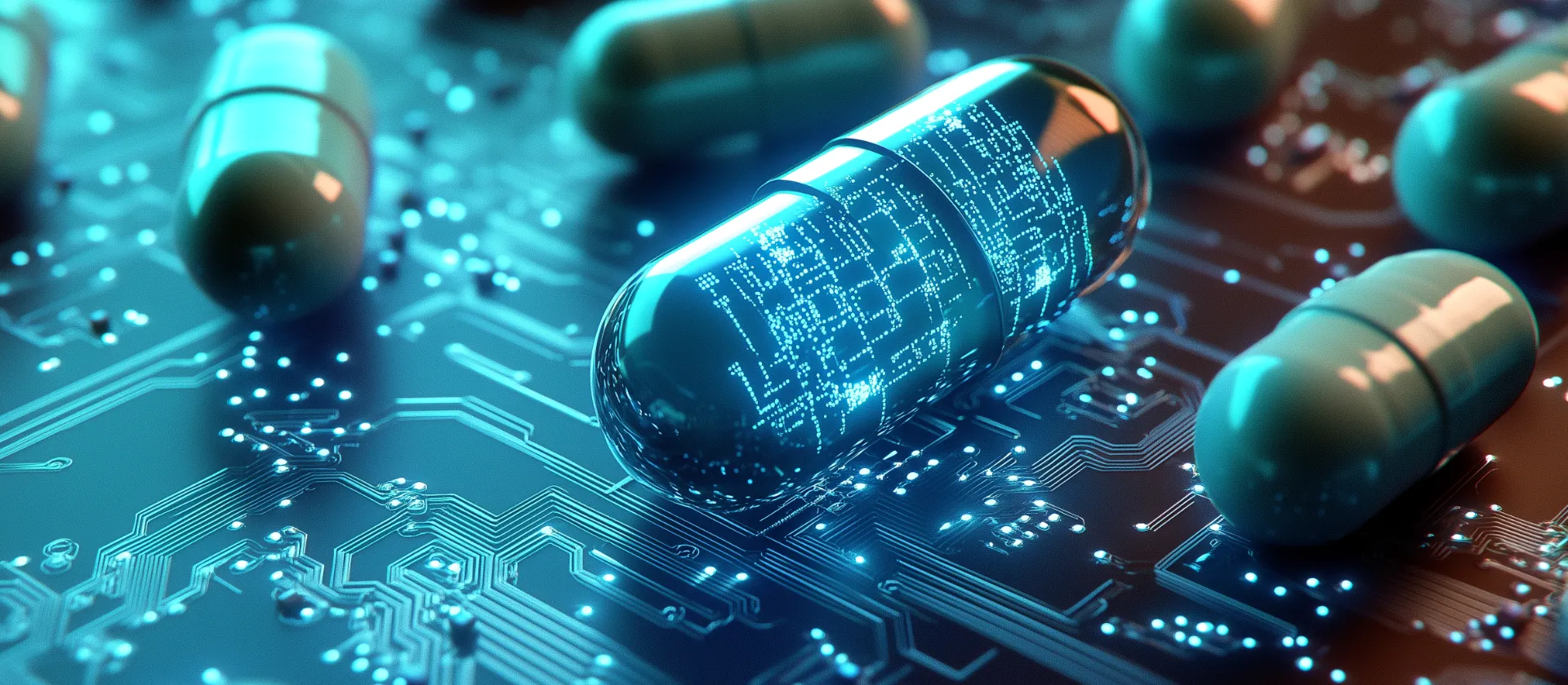 Digital medication capsules on an illuminated circuit board, representing the use of artificial intelligence in the life sciences and chemical industries.