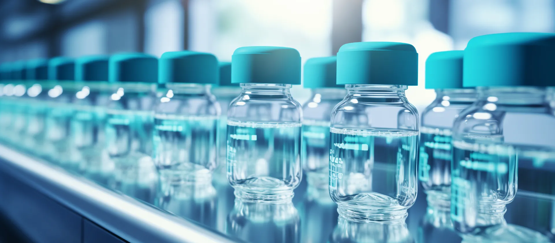 Medical vials on production line at pharmaceutical factory, Pharmaceutical machine working pharmaceutical glass bottles production line