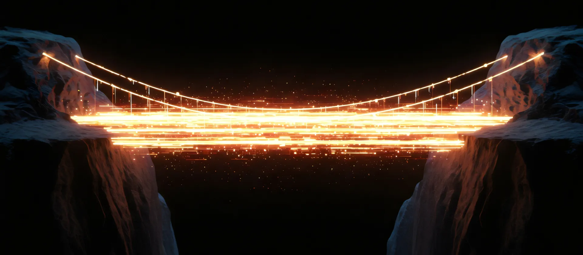 Digitale Brücke verbindet Welten: Futuristisches Netzwerk und Datenfluss über eine nächtliche Kluft hinweg 