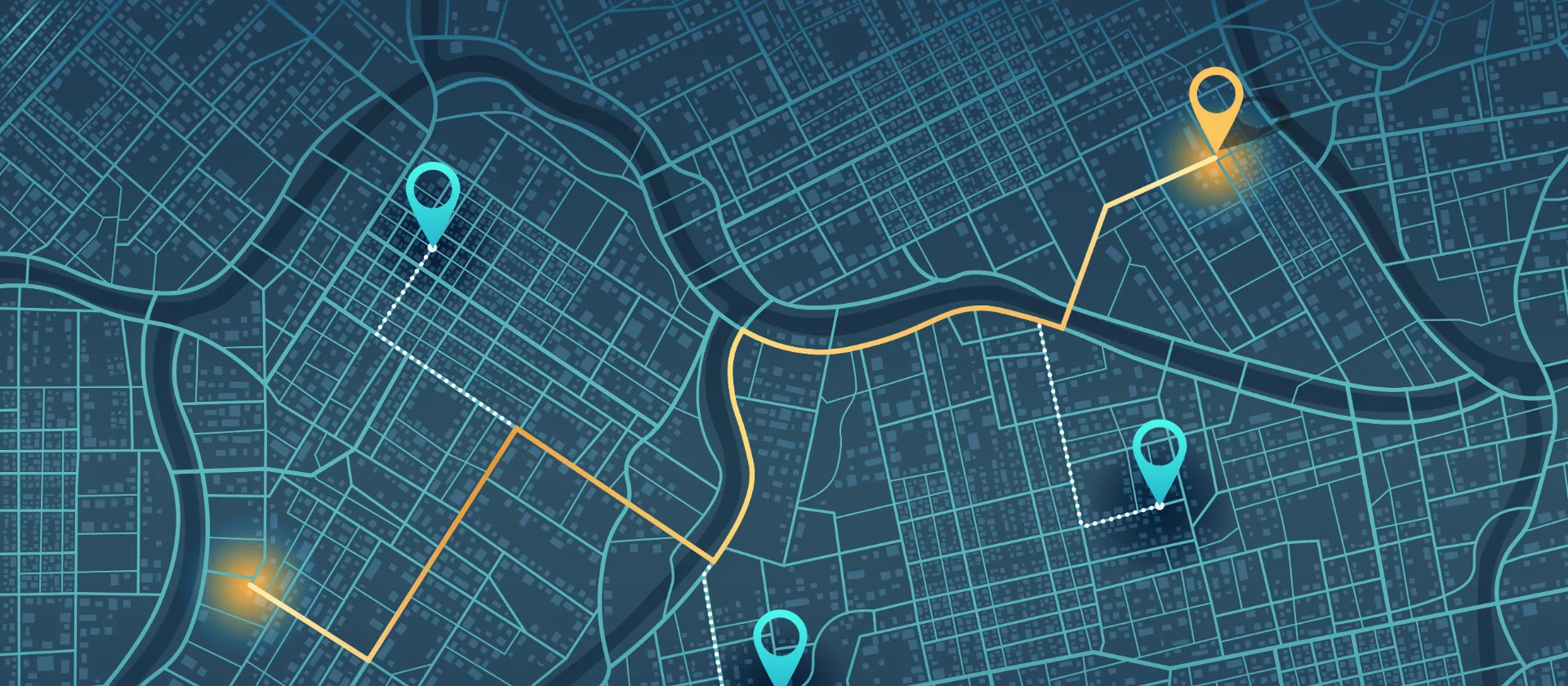 Digital city map with multiple location markers and a highlighted route.