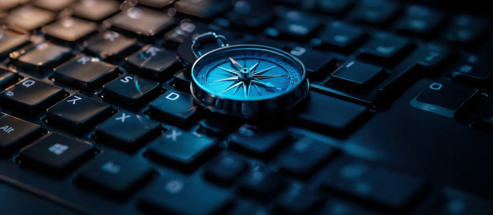 Ein metallischer Kompass liegt auf einer beleuchteten Tastatur und steht für Orientierung in der digitalen Welt.