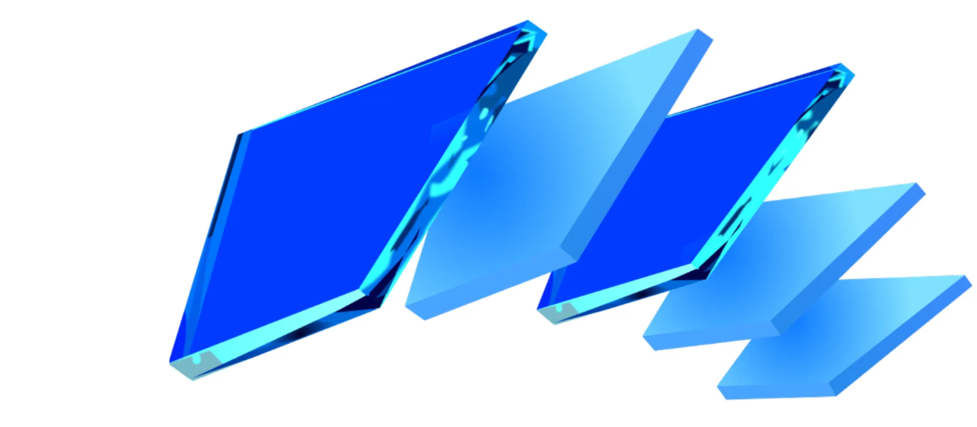 Abstrakte, gestapelte blaue 3D-Flächen, die Dynamik und digitale Transformation symbolisieren