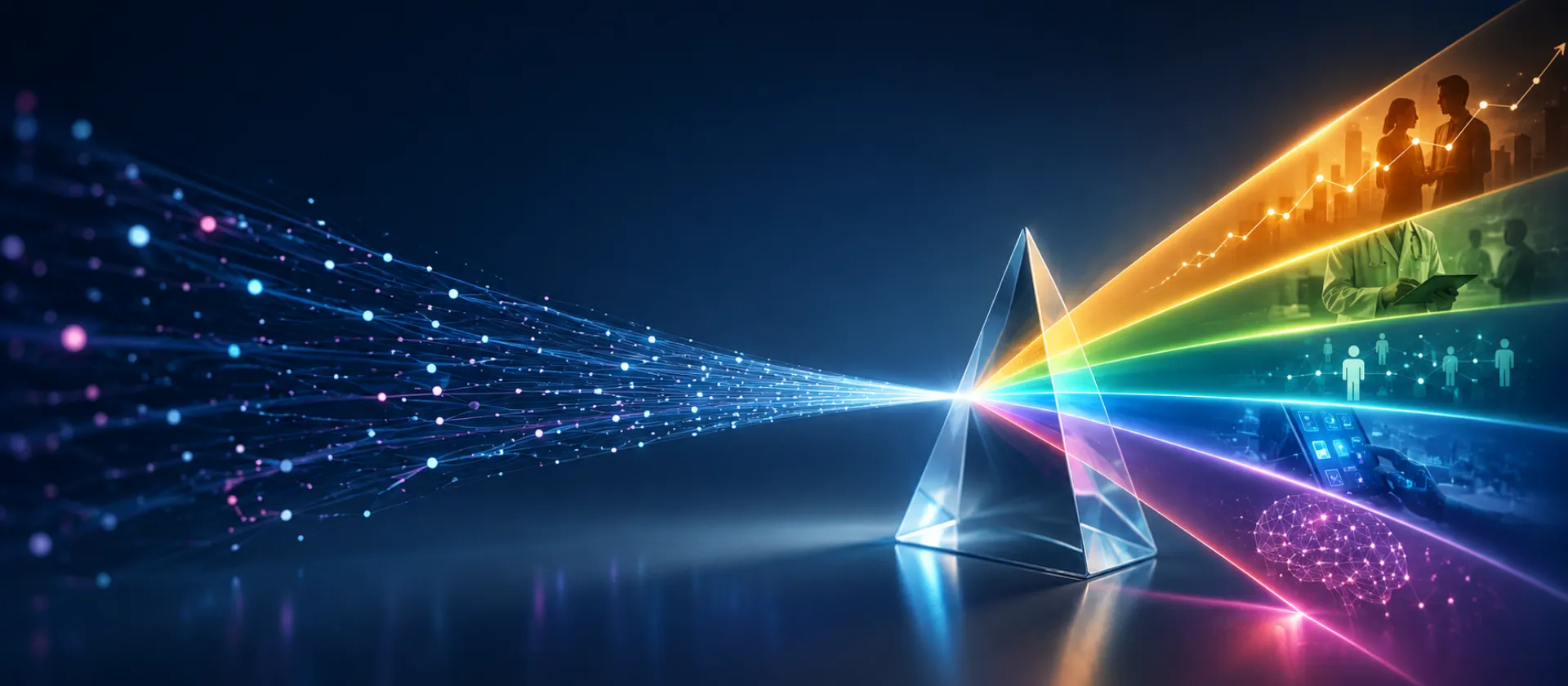 Illustration eines Prismas, das einen Datenstrom in KI-gestützte Erkenntnisse, Healthcare-Engagement, Commercial Intelligence und Geschäftswachstum aufteilt. Symbolbild für Commercial Data Strategy, Data Governance, Omnichannel, künstliche Intelligenz und digitale Transformation in der Life-Sciences- und Pharmaindustrie.