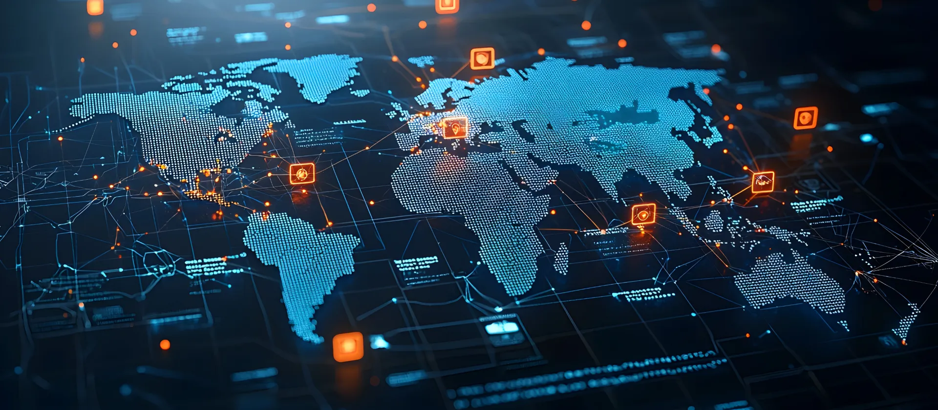 Leuchtende polygonale Weltkarte mit hellen interaktiven Knotenpunkten, die globale Konnektivität und technologische Innovation in einer futuristischen 3D-Darstellung