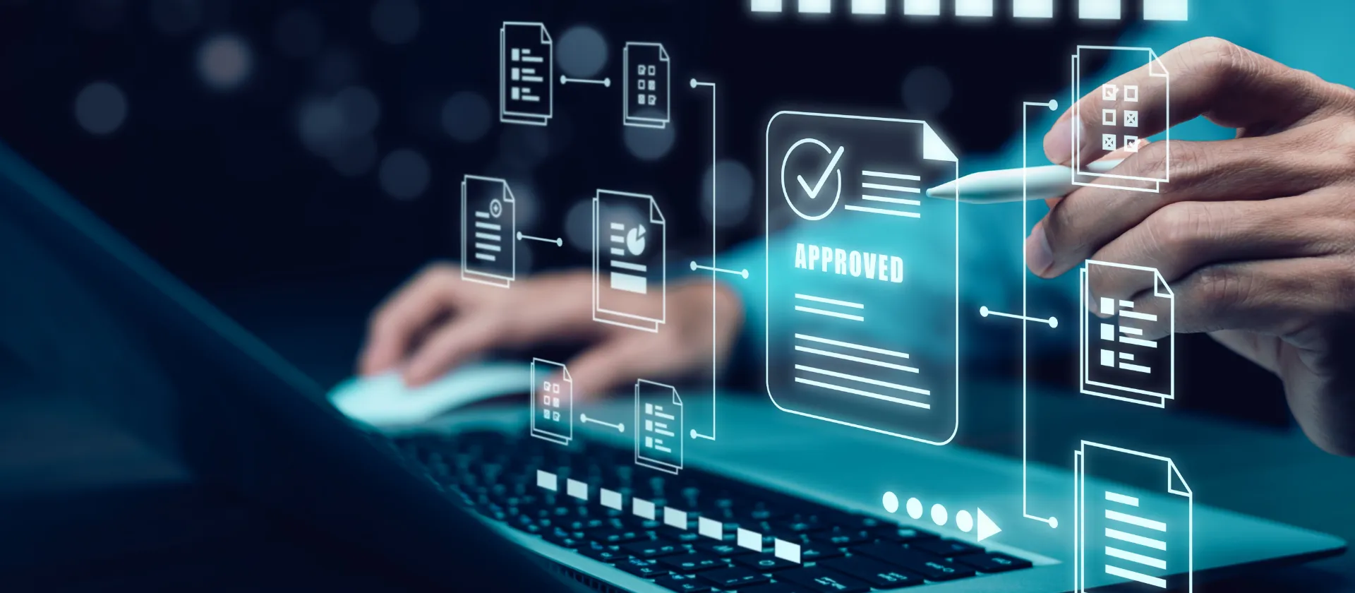 Double exposure of business hands working on digital marketing virtual chart, Abstract icon, Business strategy and technology market concept.
