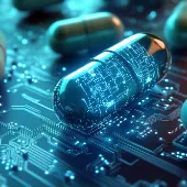 Digitale Medikamentenkapseln auf einer leuchtenden Leiterplatte, symbolisieren den Einsatz von Künstlicher Intelligenz in der Life-Sciences- und Chemiebranche.
