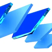 Abstrakte, gestapelte blaue 3D-Flächen, die Dynamik und digitale Transformation symbolisieren