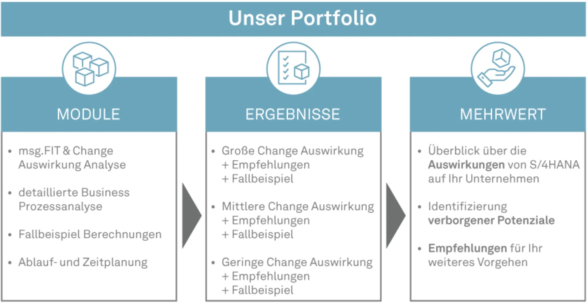 Abbildung 1: Change Management-Leistungen der msg advisors bei SAP S/4HANA Migrationen © msg industry advisors